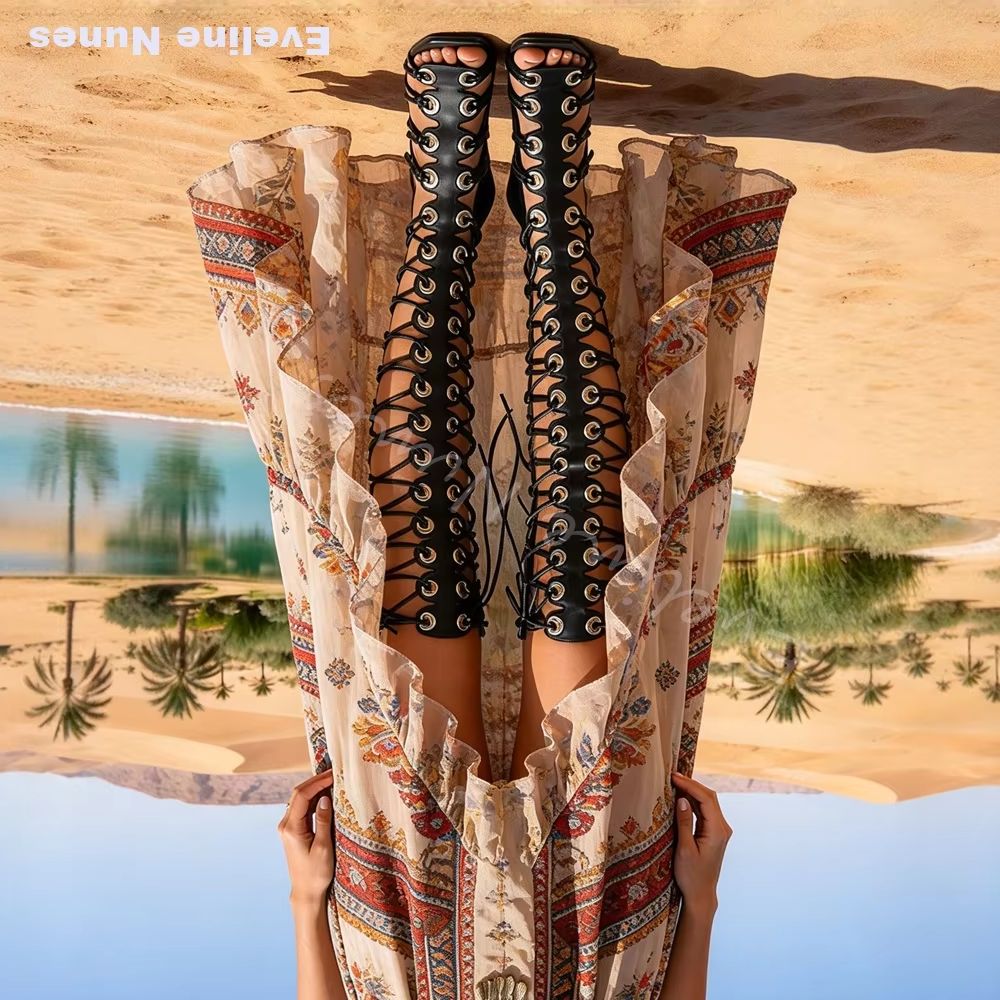 Women'S Fashion Knee High Boots - Kadın Gladyatör Diz Üstü Sandalet, Kare
