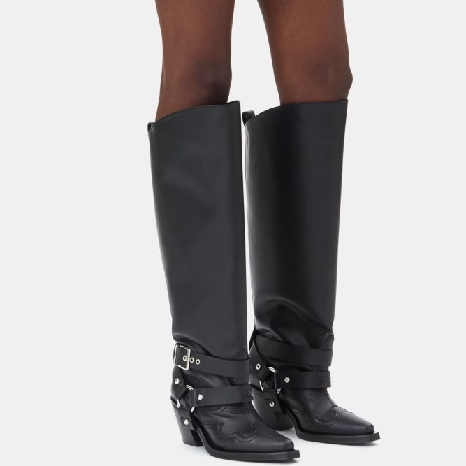Women'S Fashion Knee High Boots - Kadın Siyah Deri Diz Boyu Kovboy